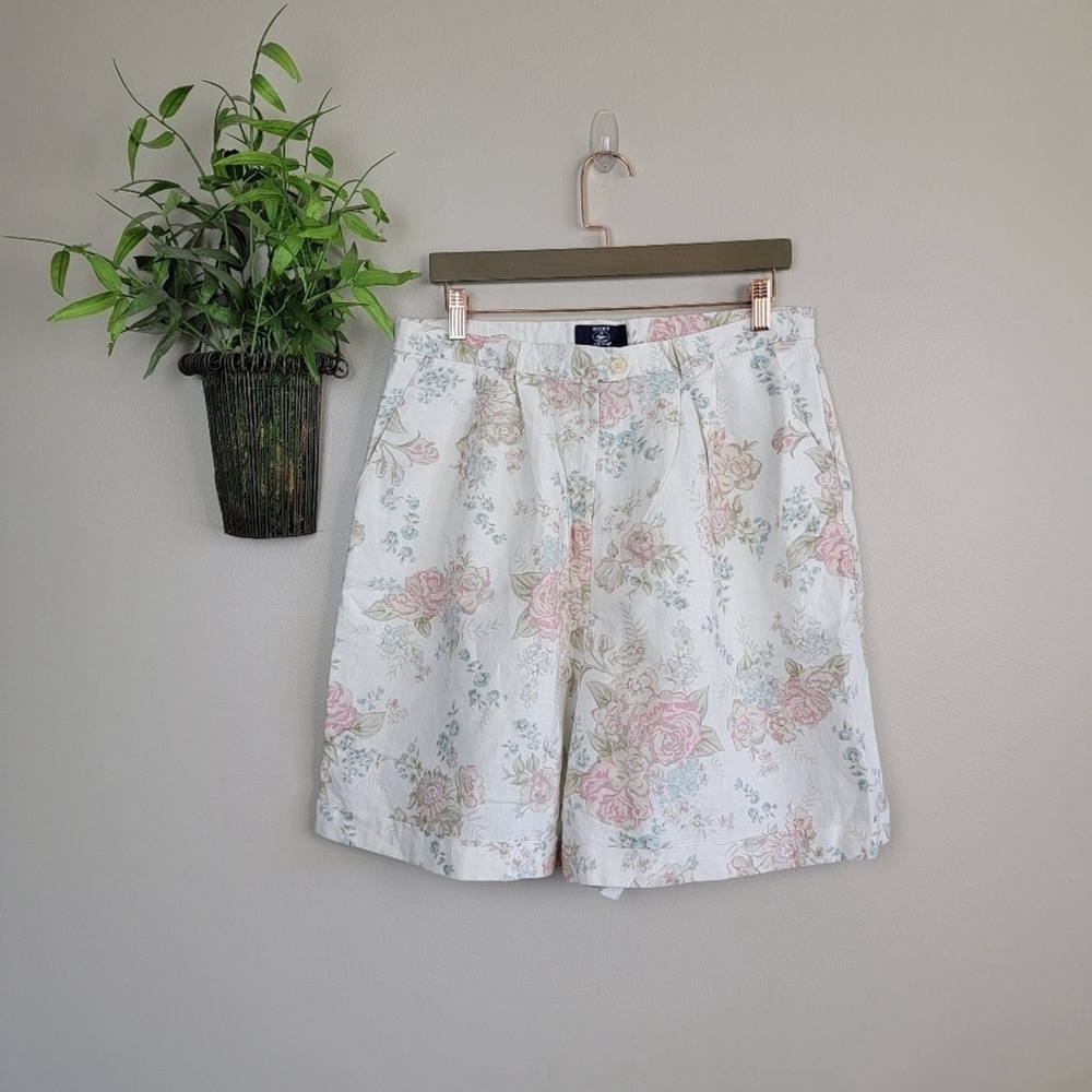 Hunt Club 8 Vintage 90s Floral 100% Linen Pleated Front Relaxed Mom Shorts